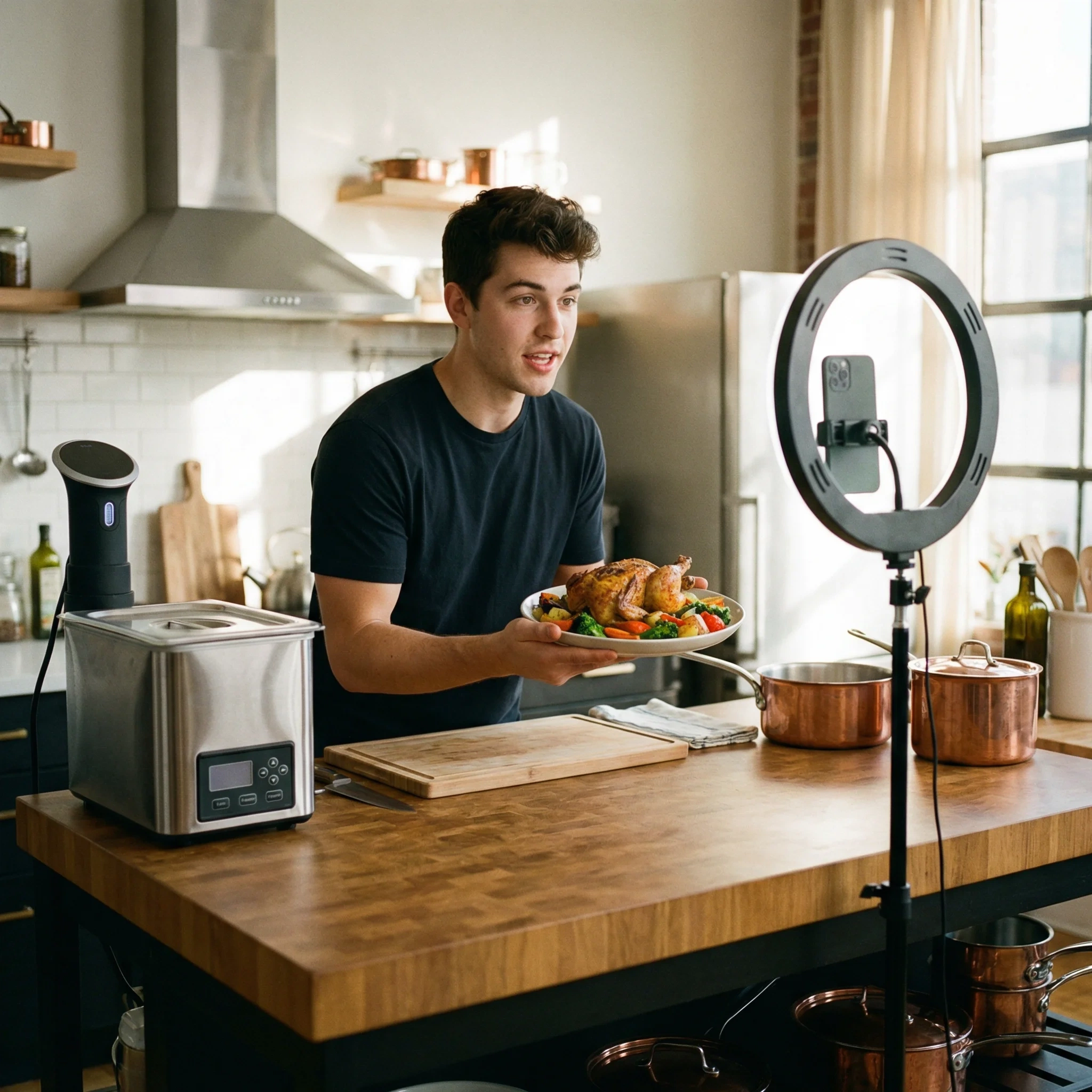 少妇视频签约美食达人大厨阿杰在厨房拍摄美食视频